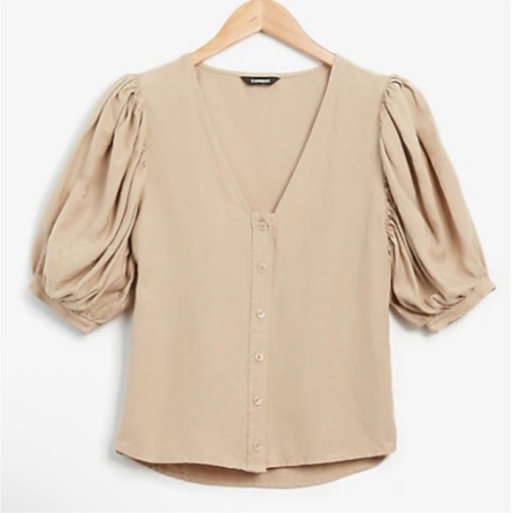 EXPRESS Linen Blend Neutral Beige Puff Sleeve Button Down Top Sz S - Picture 1 of 7